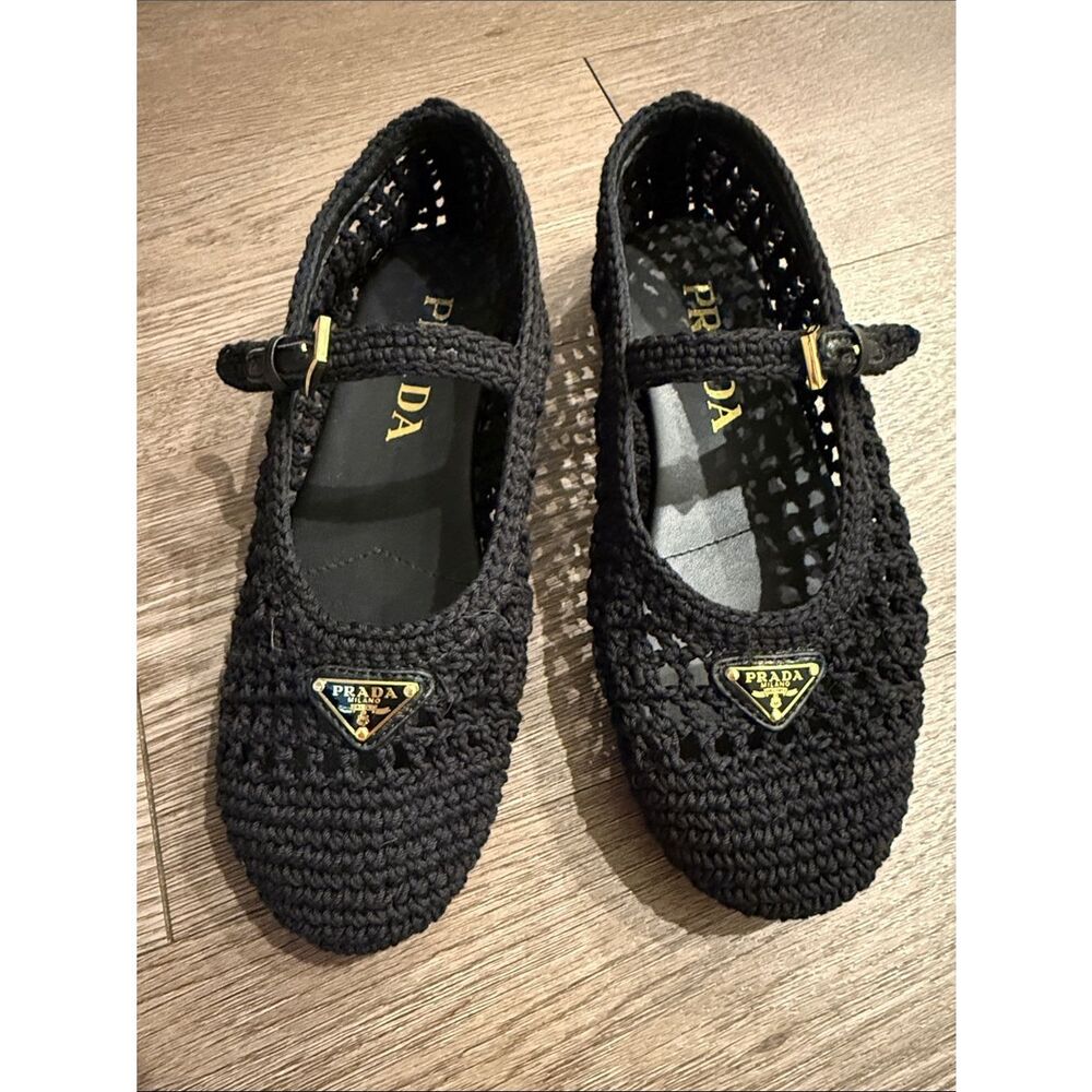 Prada Black Crochet Mary-Jane Flats with Gold Logo